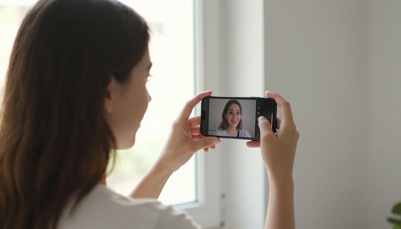 Young woman delighted watching an image-to-video AI clip on her smartphone, warm natural window light in a Barcelona apartment