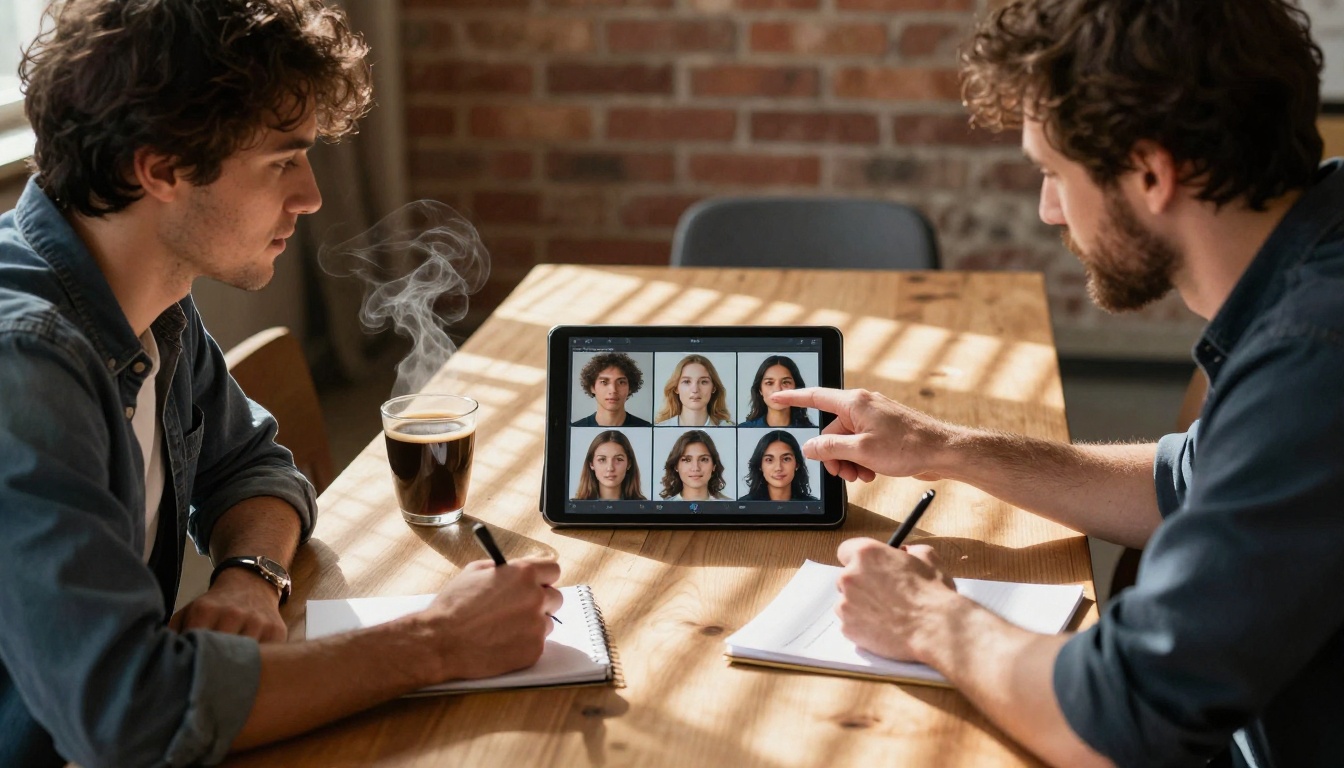 Two creative professionals reviewing AI-generated headshots on a tablet at a wooden table