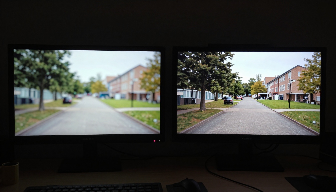 Two professional reference monitors showing a stark quality comparison between low-resolution and 4K AI video output in a darkened color-grading suite