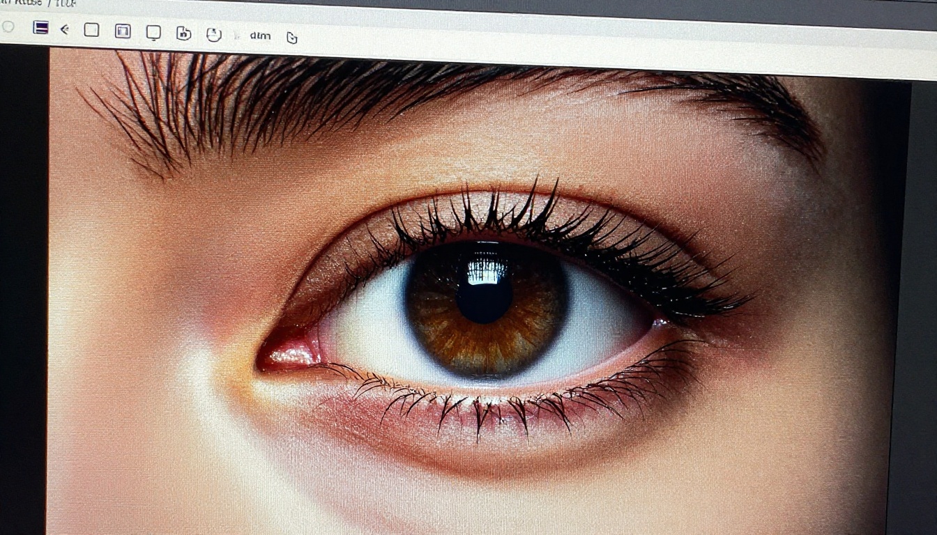 Close-up macro shot of a monitor screen showing AI portrait at pixel level with screen glass texture