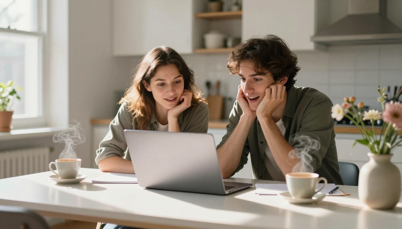 A couple experimenting together with AI video generation on a laptop at a sunny kitchen table in an Amsterdam apartment