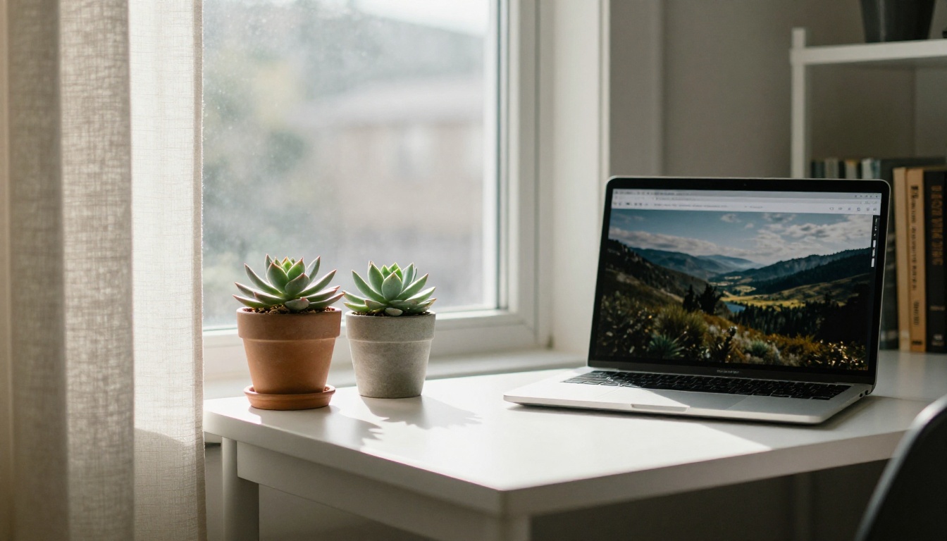 Sunlit home office with laptop open showing an AI image generation interface on screen