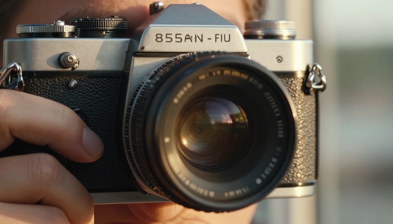 Photographer's eye looking through a vintage camera viewfinder with sharp iris and camera body detail