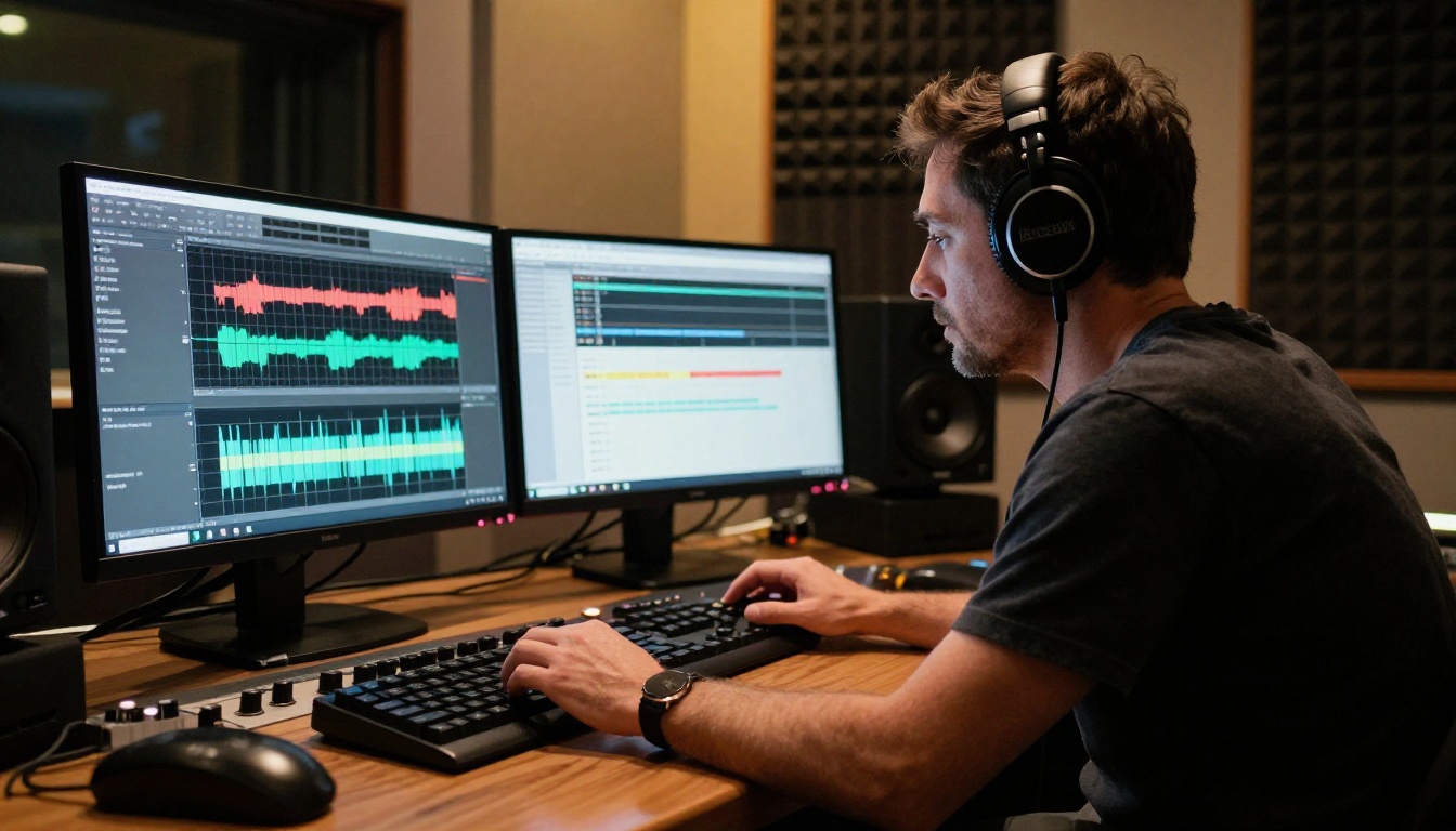 Audio engineer reviewing waveform and transcription on dual monitors in a dimly lit recording studio Audio engineer reviewing waveform and transcription on dual monitors in a dimly lit recording studio
