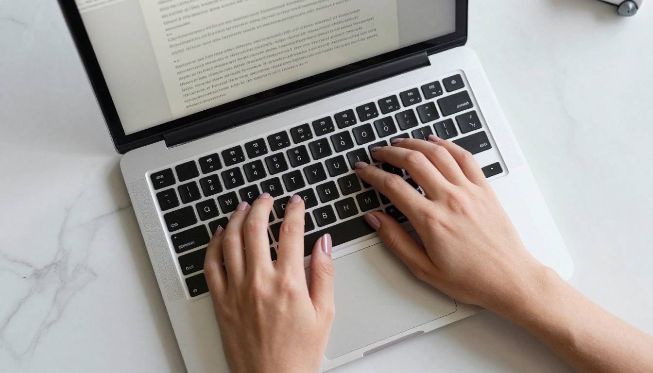 Overhead aerial shot of hands typing on a laptop with a transcription document on screen Overhead aerial shot of hands typing on a laptop with a transcription document on screen