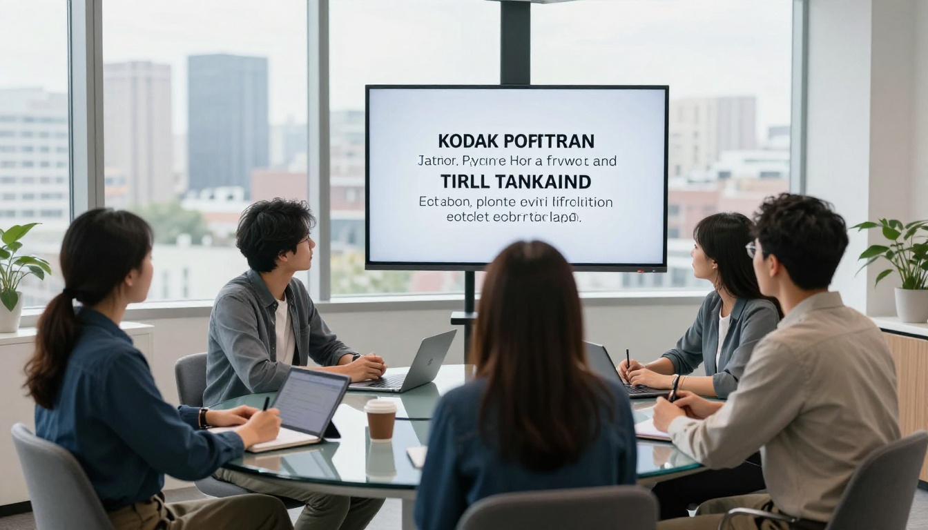 Diverse group of people in a modern boardroom with live transcription text displayed on a wall screen