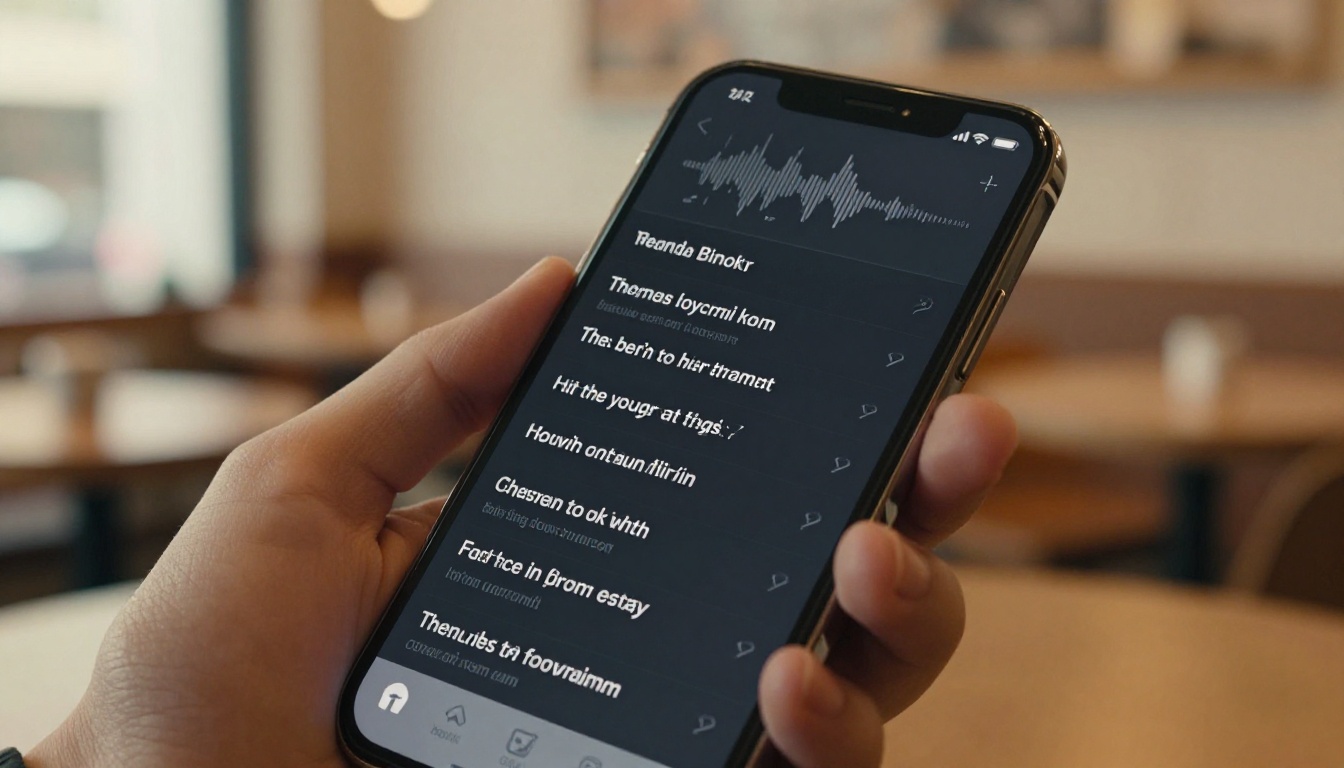 Smartphone held in hand showing a dark-mode audio transcription app with waveform and scrolling text