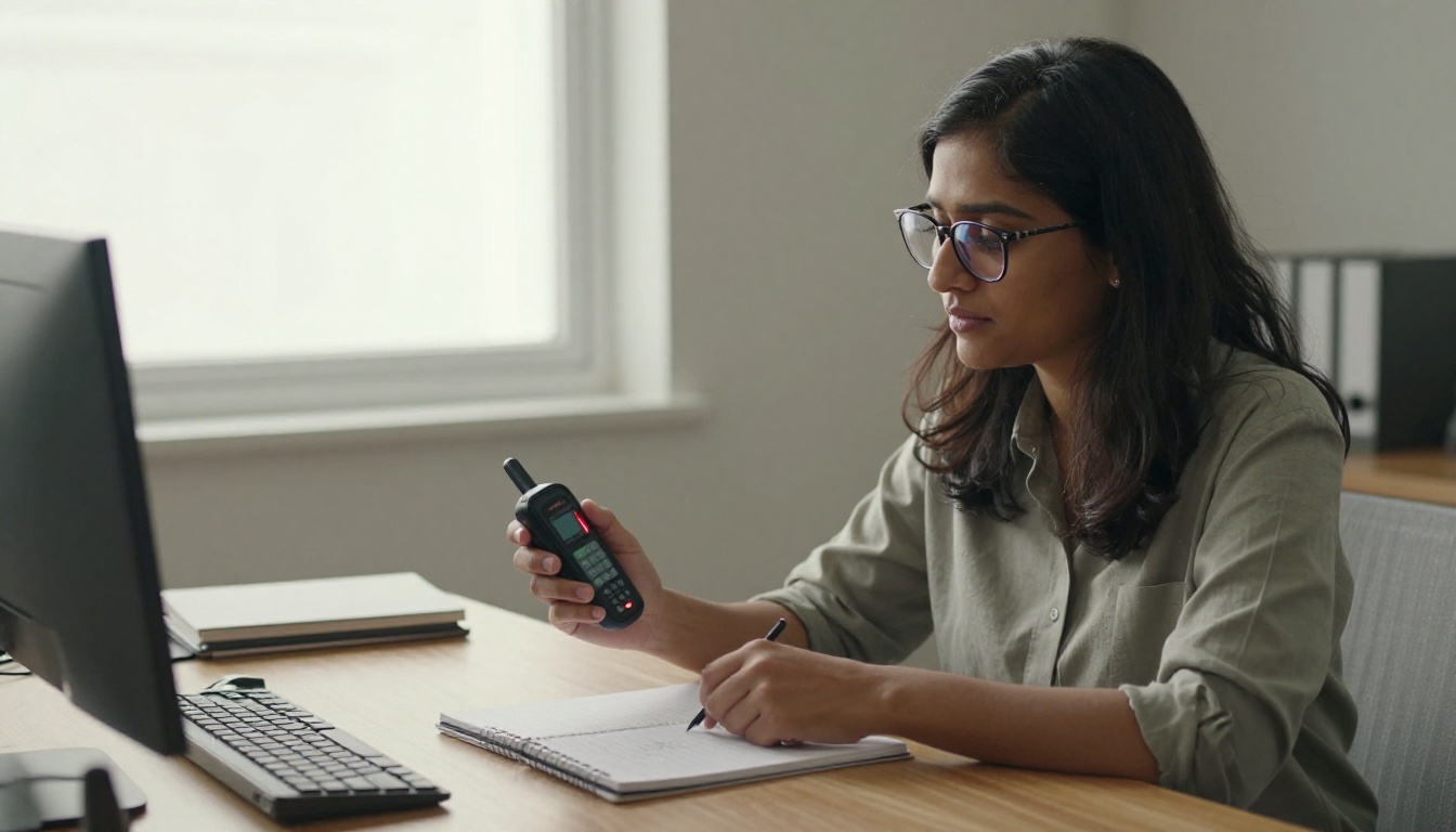 South Asian journalist with glasses holds a voice recorder during an interview at an oak desk South Asian journalist with glasses holds a voice recorder during an interview at an oak desk