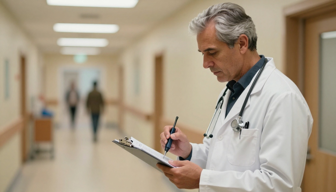 Doctor in white lab coat dictating notes into a handheld device in a bright hospital corridor