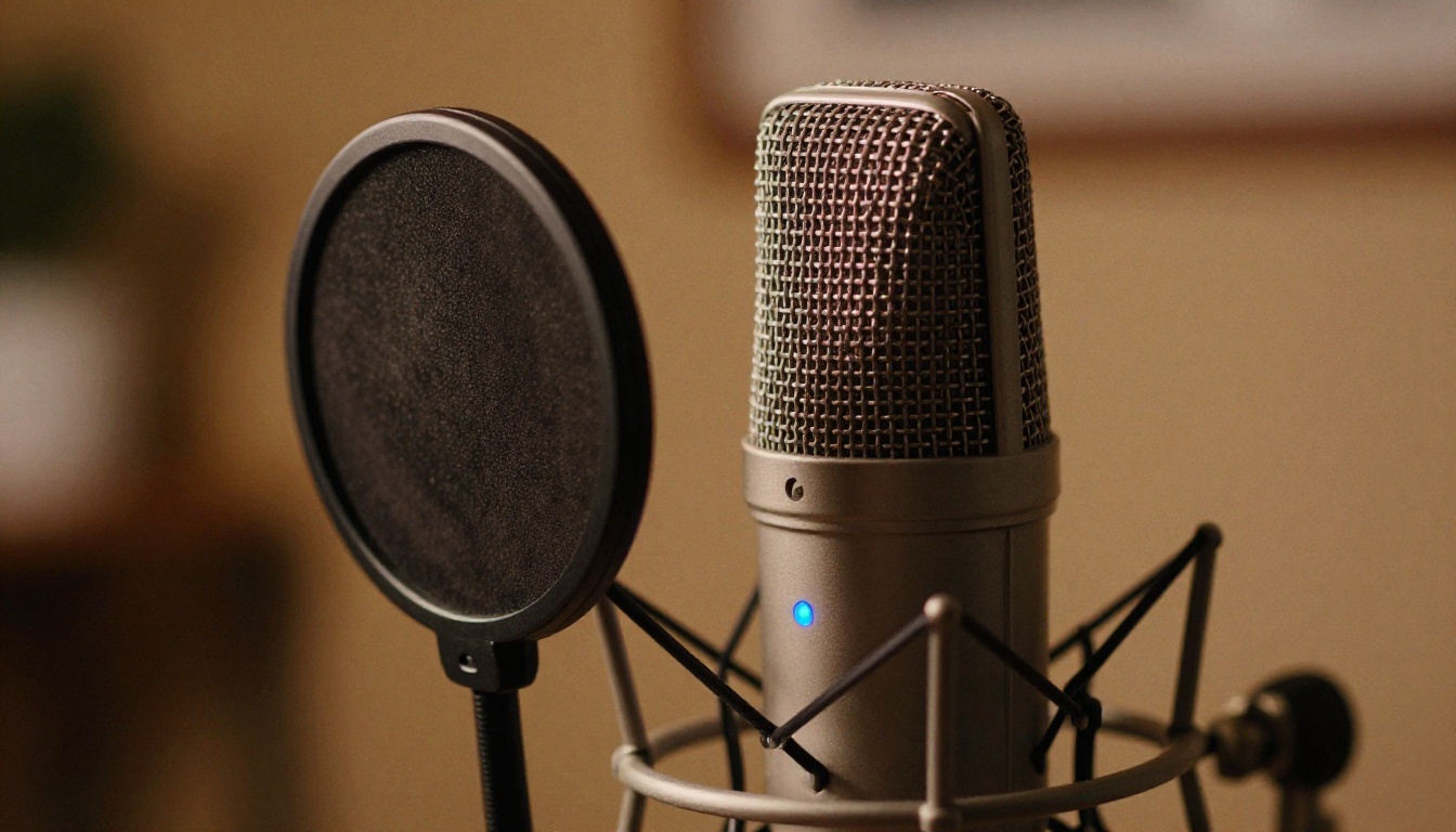 Extreme close-up of a professional studio condenser microphone with warm amber bokeh Extreme close-up of a professional studio condenser microphone with warm amber bokeh