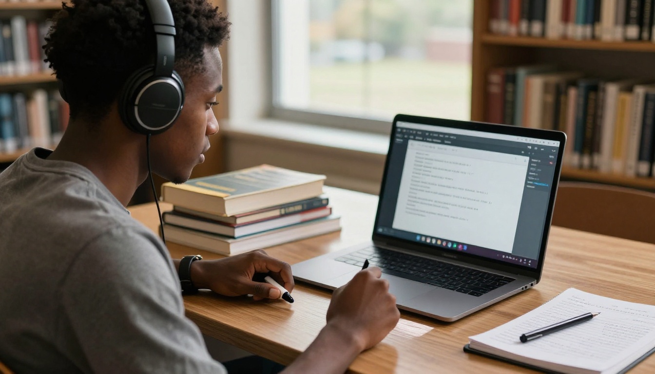 Black male student with over-ear headphones at a library desk reviewing transcription captions on an open laptop