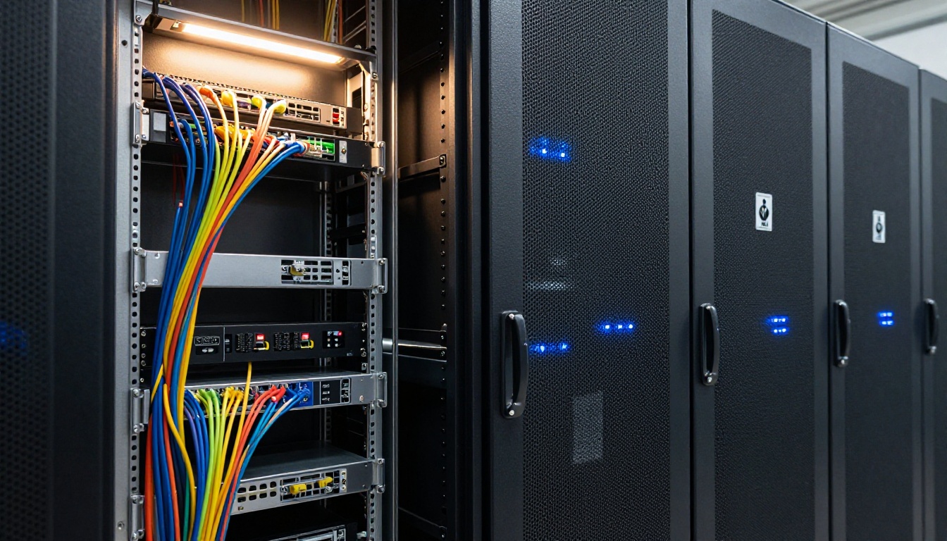 Modern server room split between open-access infrastructure and closed proprietary cabinets with security locks