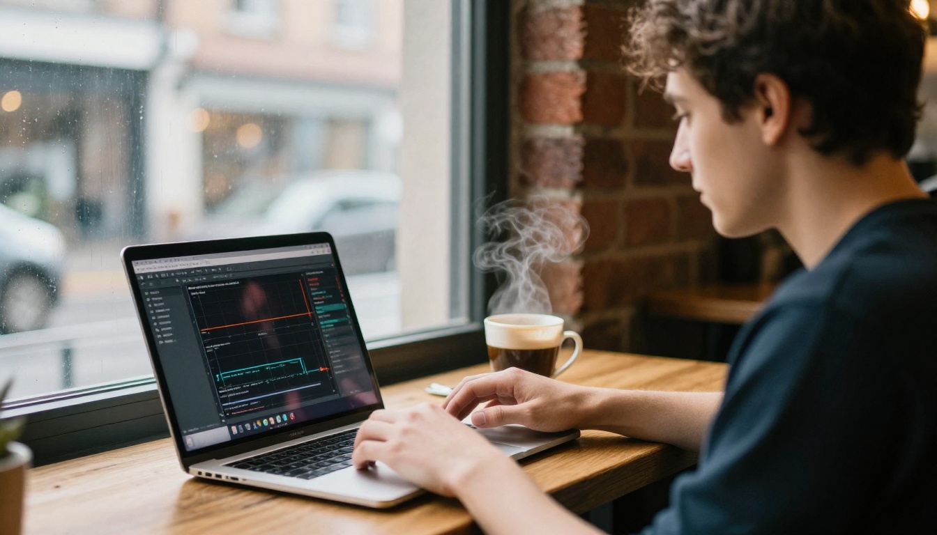 Data scientist fine-tuning a model on a laptop in a coffee shop near a rain-streaked window