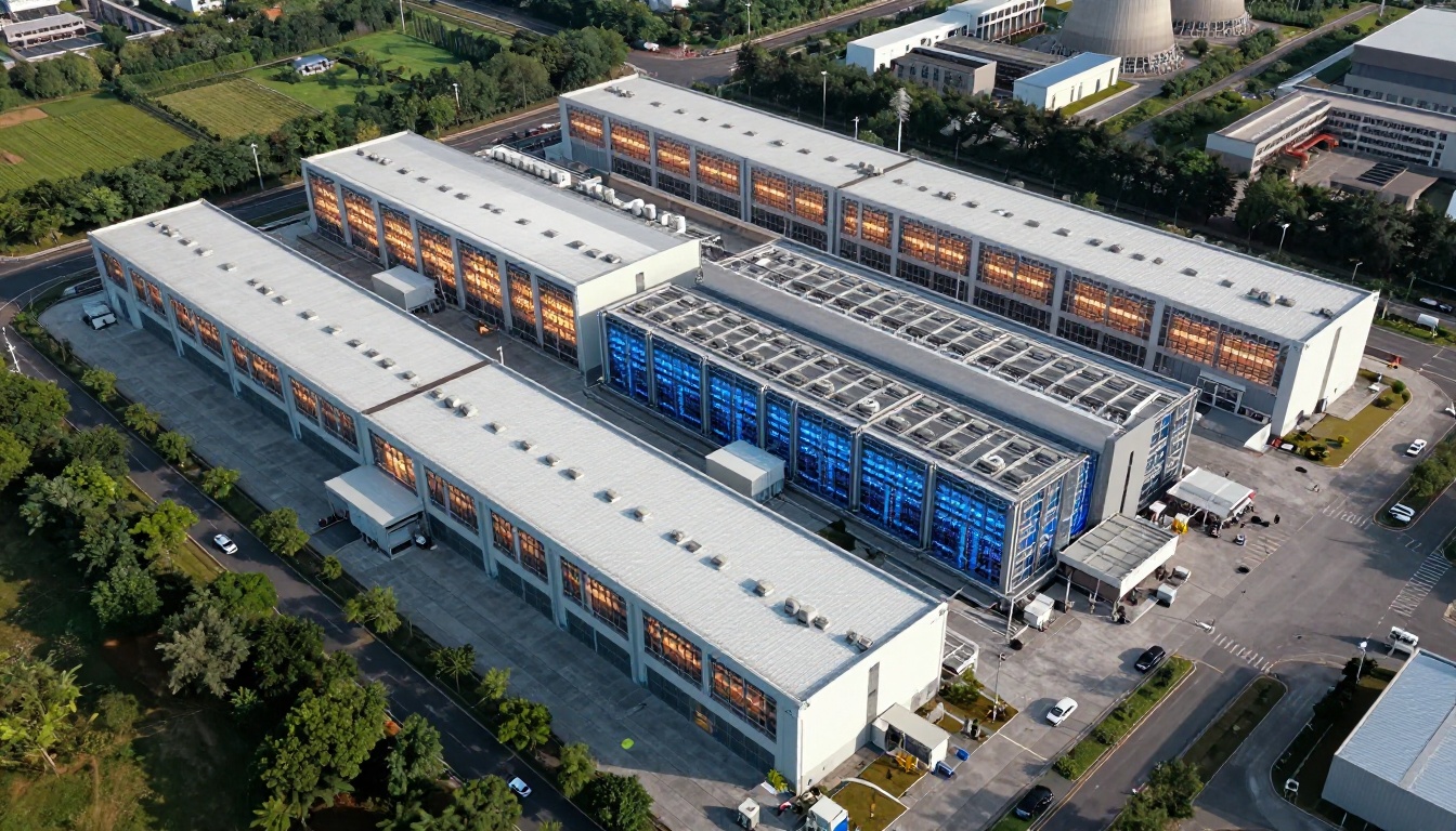 Aerial view of a massive hyperscale data center campus with warm and cool lighting zones