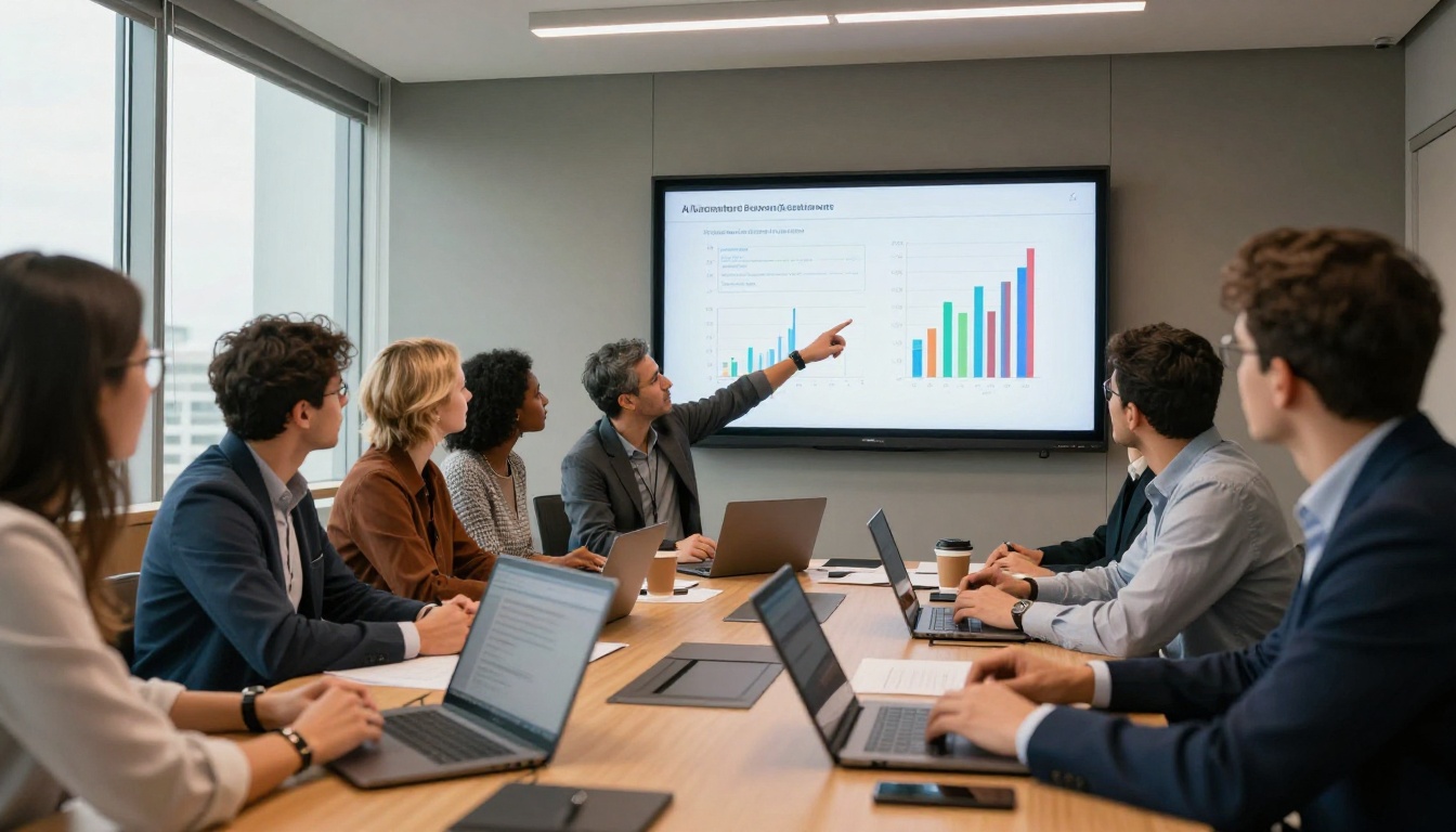 Research team analyzing AI model benchmark comparison charts in a conference room