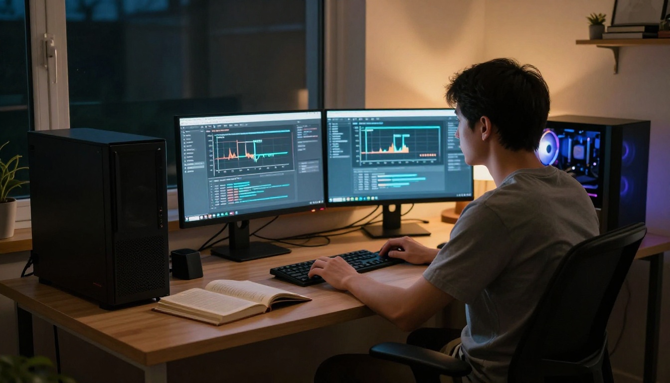 Researcher working late at night on local AI inference in a home office