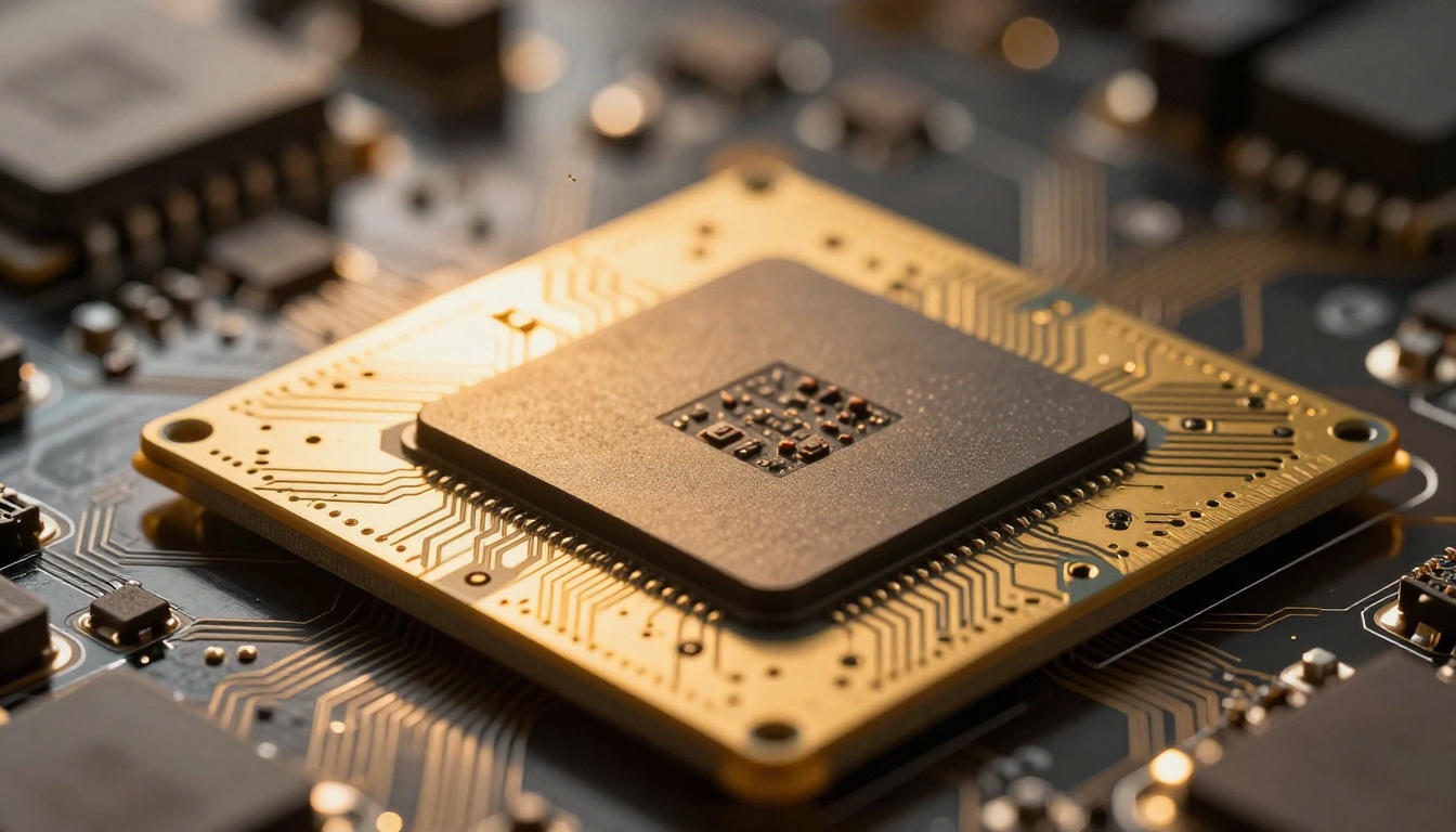 GPU chip macro close-up with warm golden directional sunlight revealing intricate circuit topology