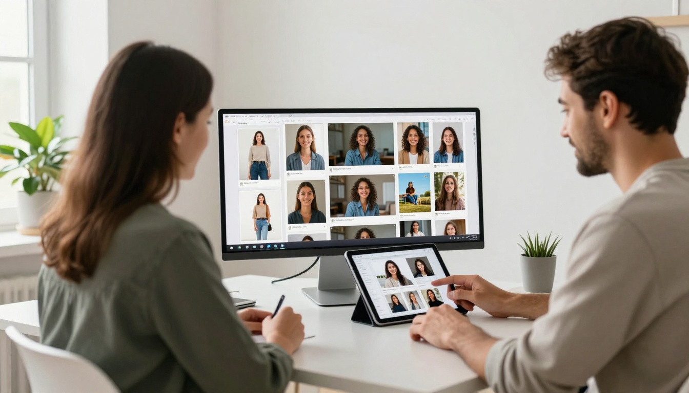 Creative professional comparing AI model outputs on a tablet and dual-monitor setup in a bright minimal workspace