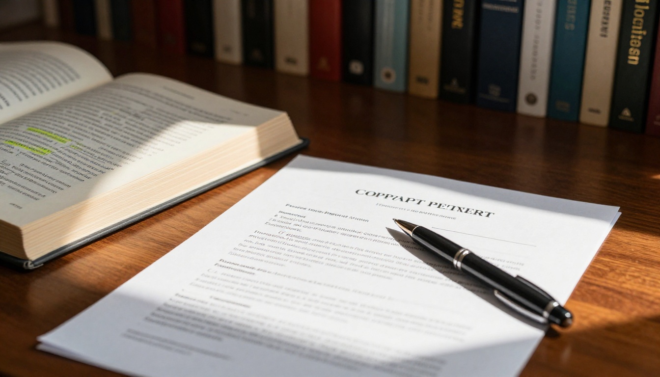 Music attorney's desk covered in copyright contracts and law books