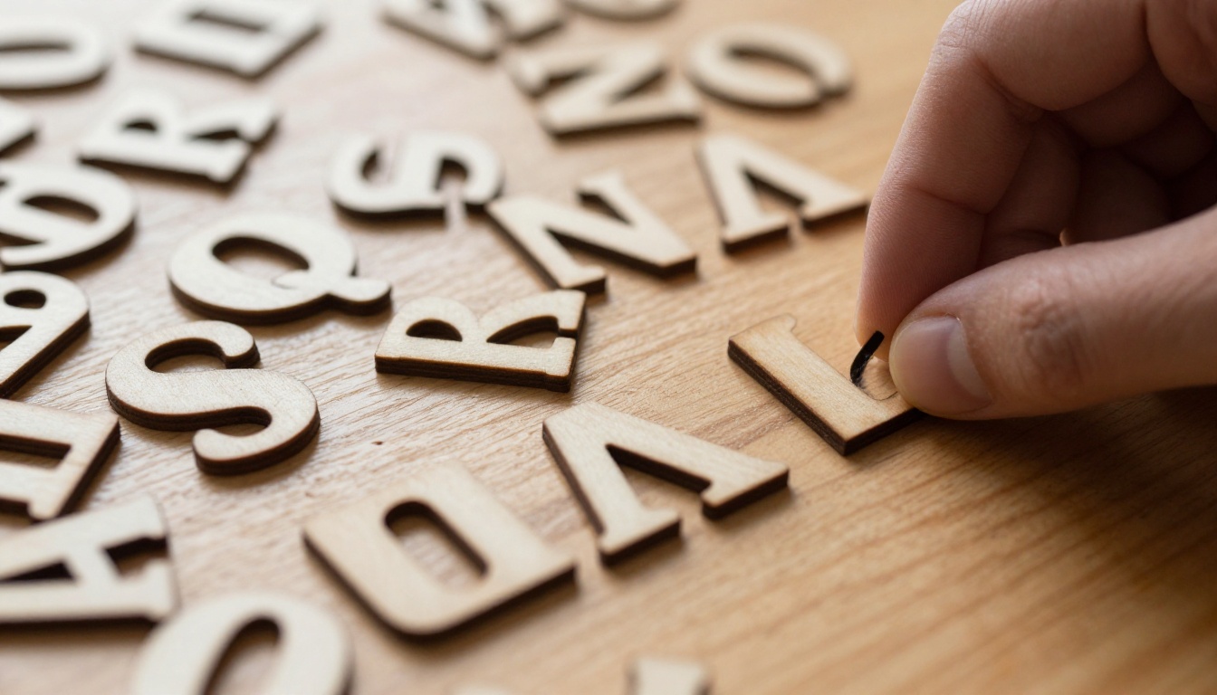Wooden letter tiles arranged on an oak desk surface under morning light