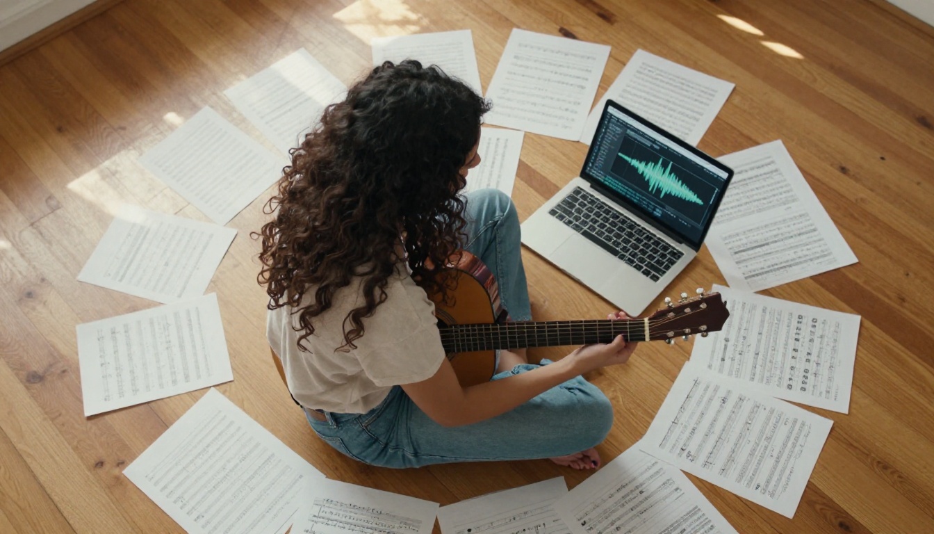 Young female musician with guitar and laptop showing AI music interface