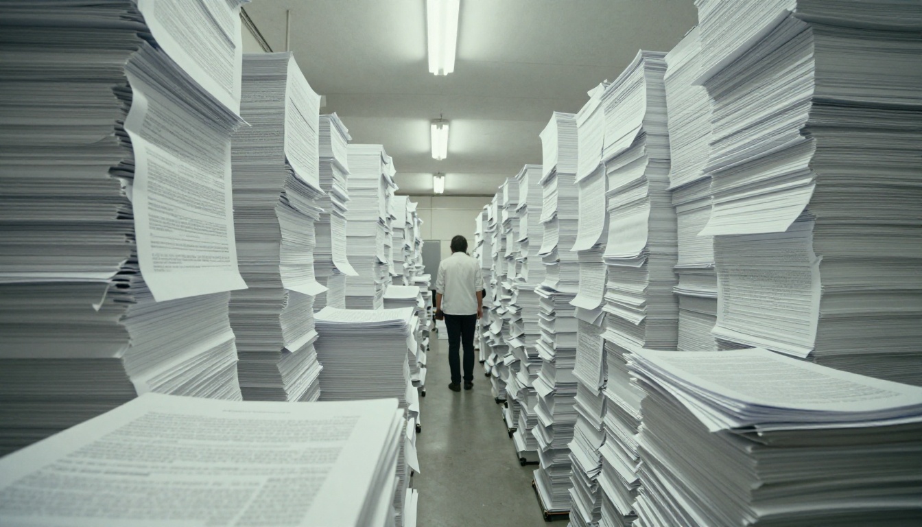 A person standing before a floor-to-ceiling wall of printed documents in an office