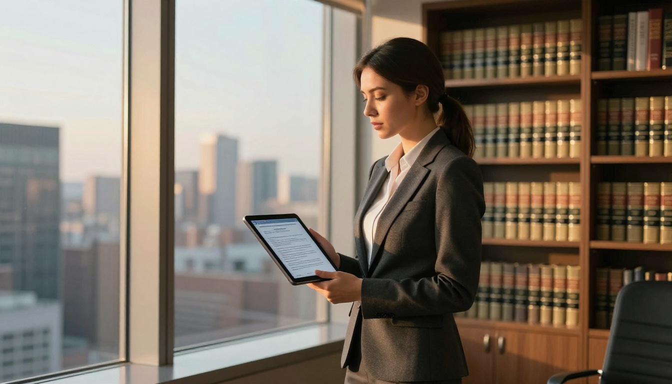 Female attorney at a law office window reviewing copyright case on a tablet