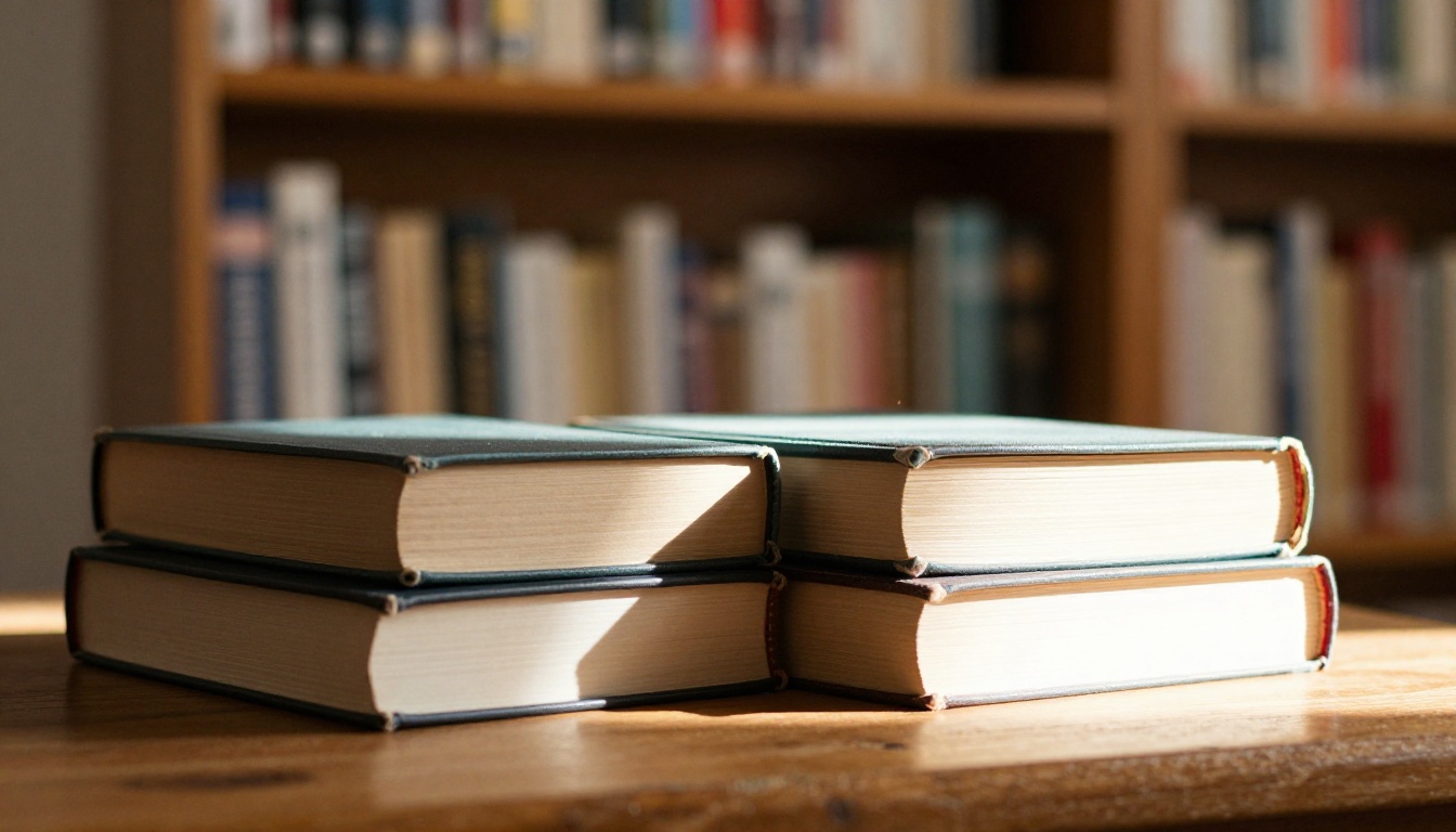 Two books side by side on a library shelf, one thin and one thick, with warm window light