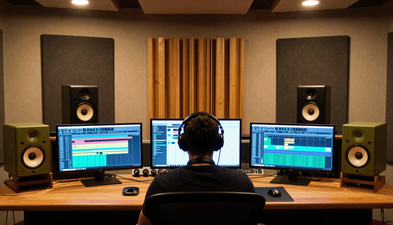 Wide shot of a high-end music production studio with three monitors and mixing desk