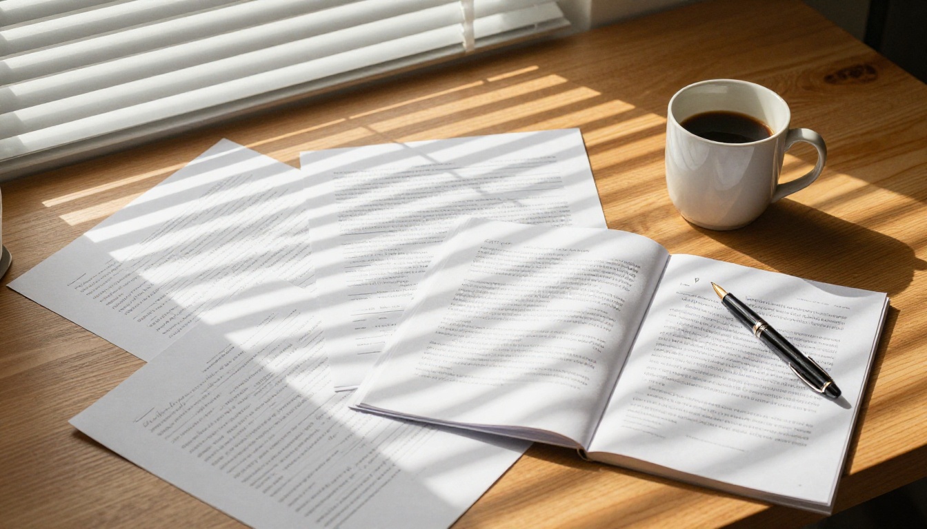 Aerial view of a professional annotating documents on an oak desk with venetian blind light