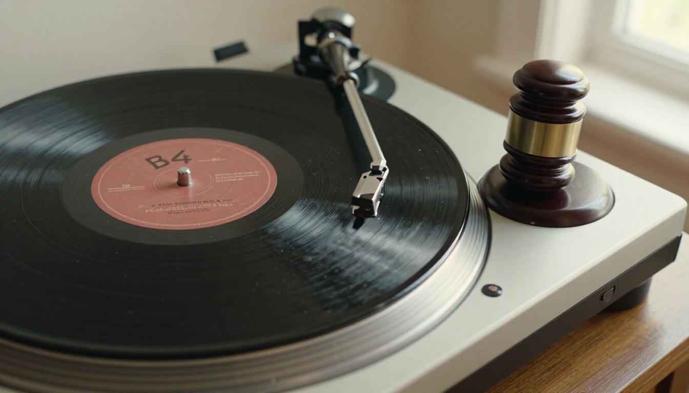 Vinyl record on a turntable next to a judge's gavel on a wooden desk