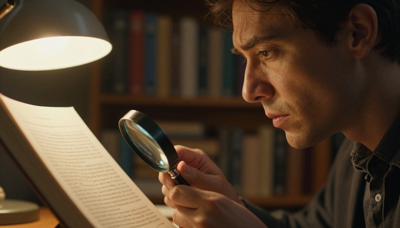 A researcher with a magnifying glass reading a dense book page under warm amber lamp light