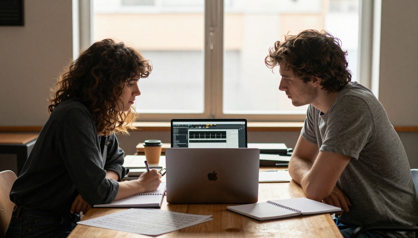 Two musicians collaborating at a wooden table with a laptop and notebooks