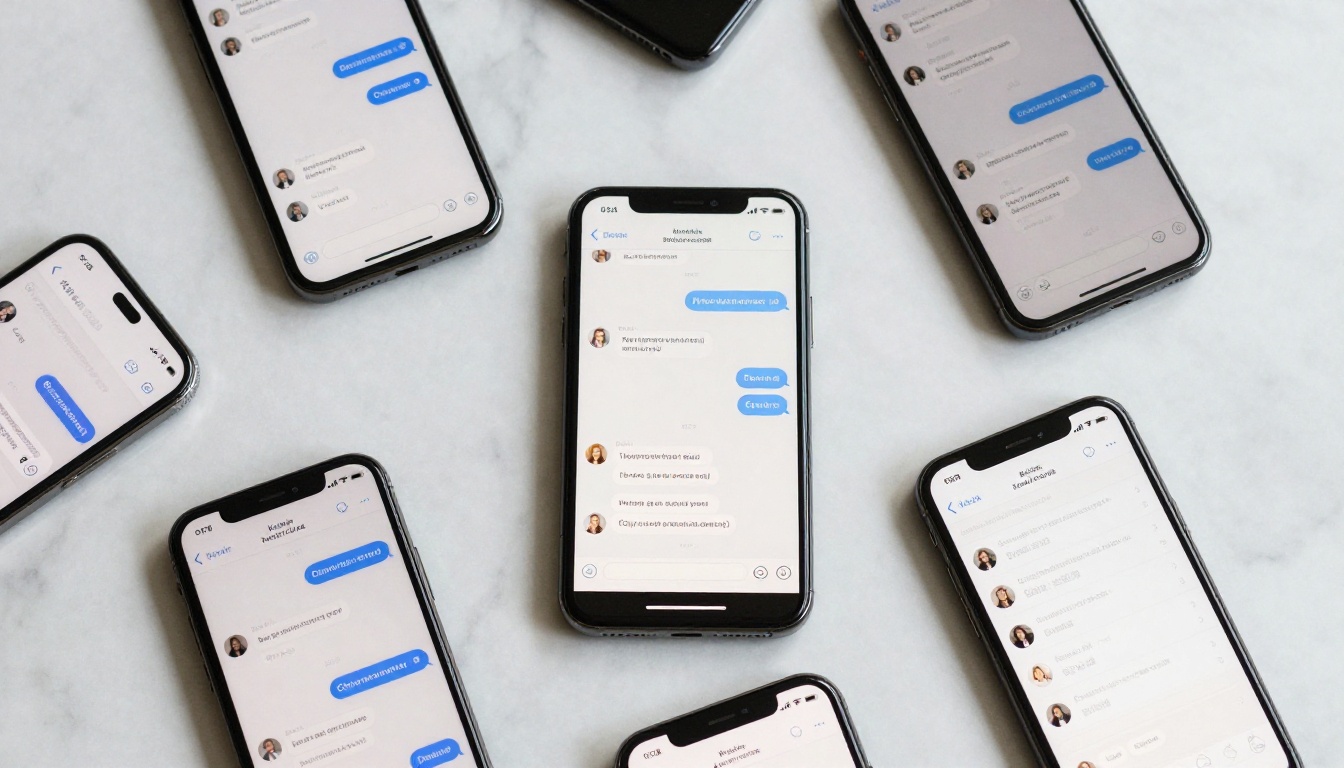 Several smartphones arranged on white marble each displaying a different AI chat interface Several smartphones arranged on white marble each displaying a different AI chat interface