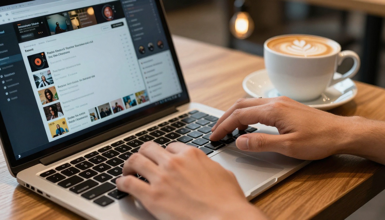 Close-up of hands typing on a laptop showing a music streaming platform with monetization data
