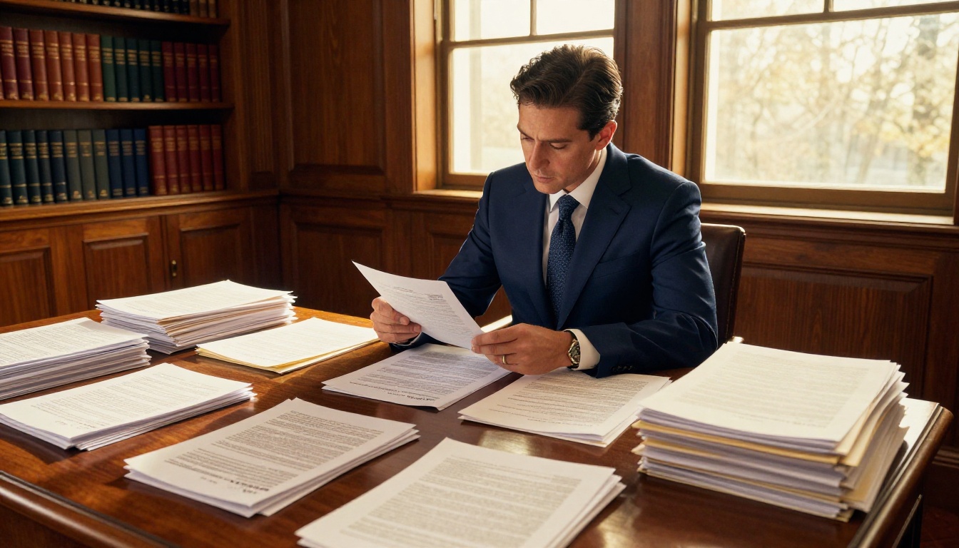 A professional in a navy suit reviewing legal documents at a mahogany desk in afternoon light A professional in a navy suit reviewing legal documents at a mahogany desk in afternoon light