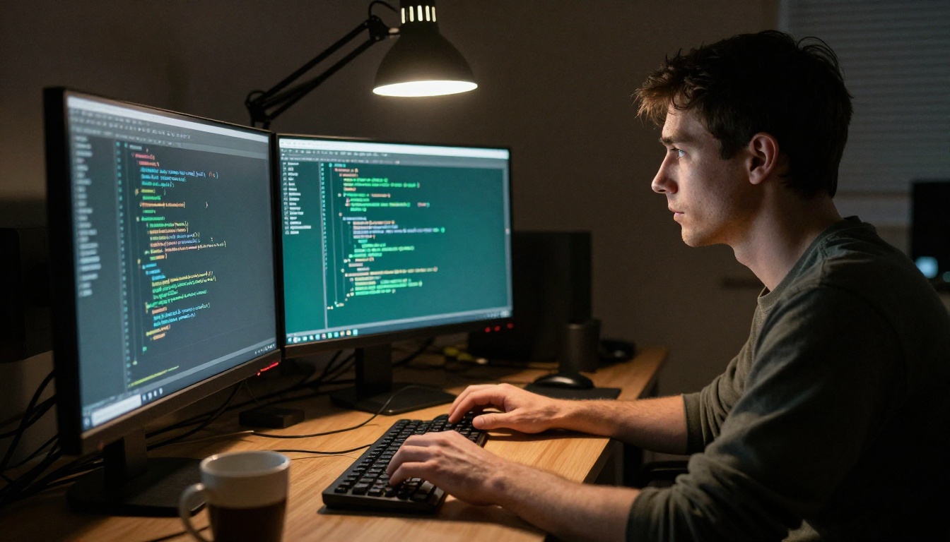 A developer working late at a multi-monitor workstation under warm desk lamp light A developer working late at a multi-monitor workstation under warm desk lamp light