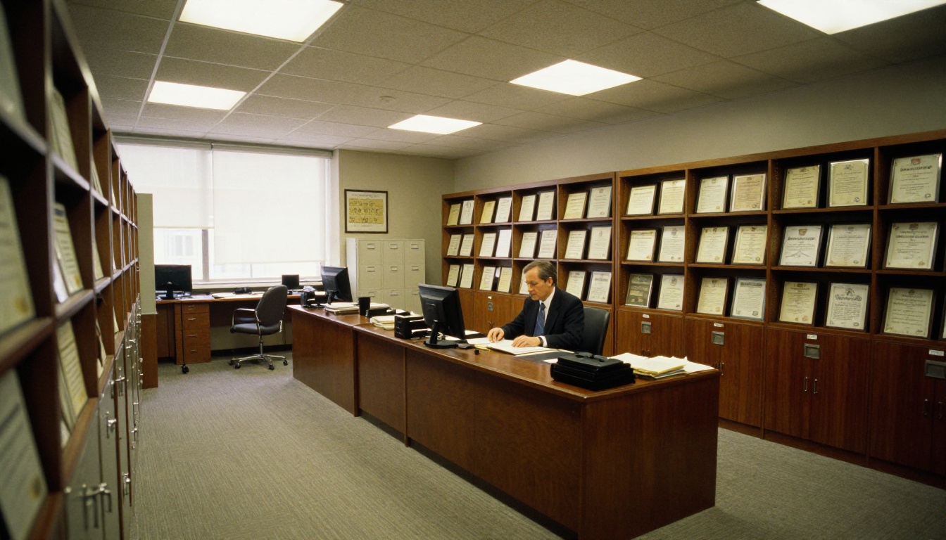 Wide angle shot of a copyright registry office with rows of filing cabinets and framed music certificates