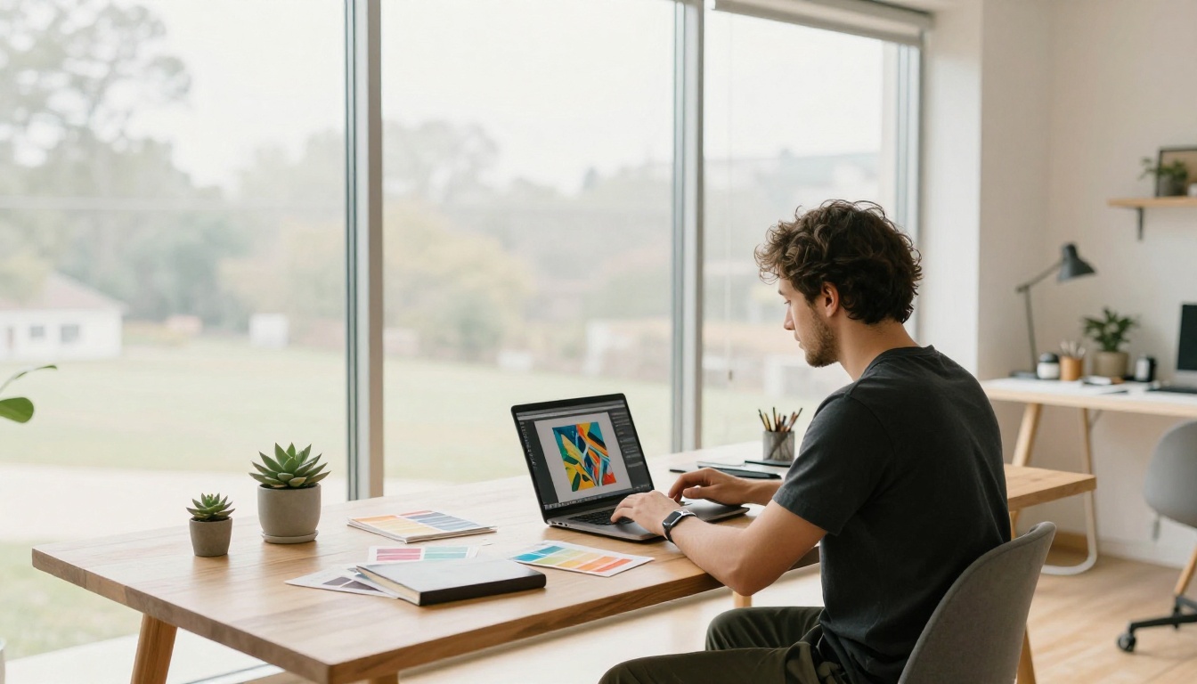 A creative professional at a bright minimalist studio workspace with floor-to-ceiling windows and morning light A creative professional at a bright minimalist studio workspace with floor-to-ceiling windows and morning light