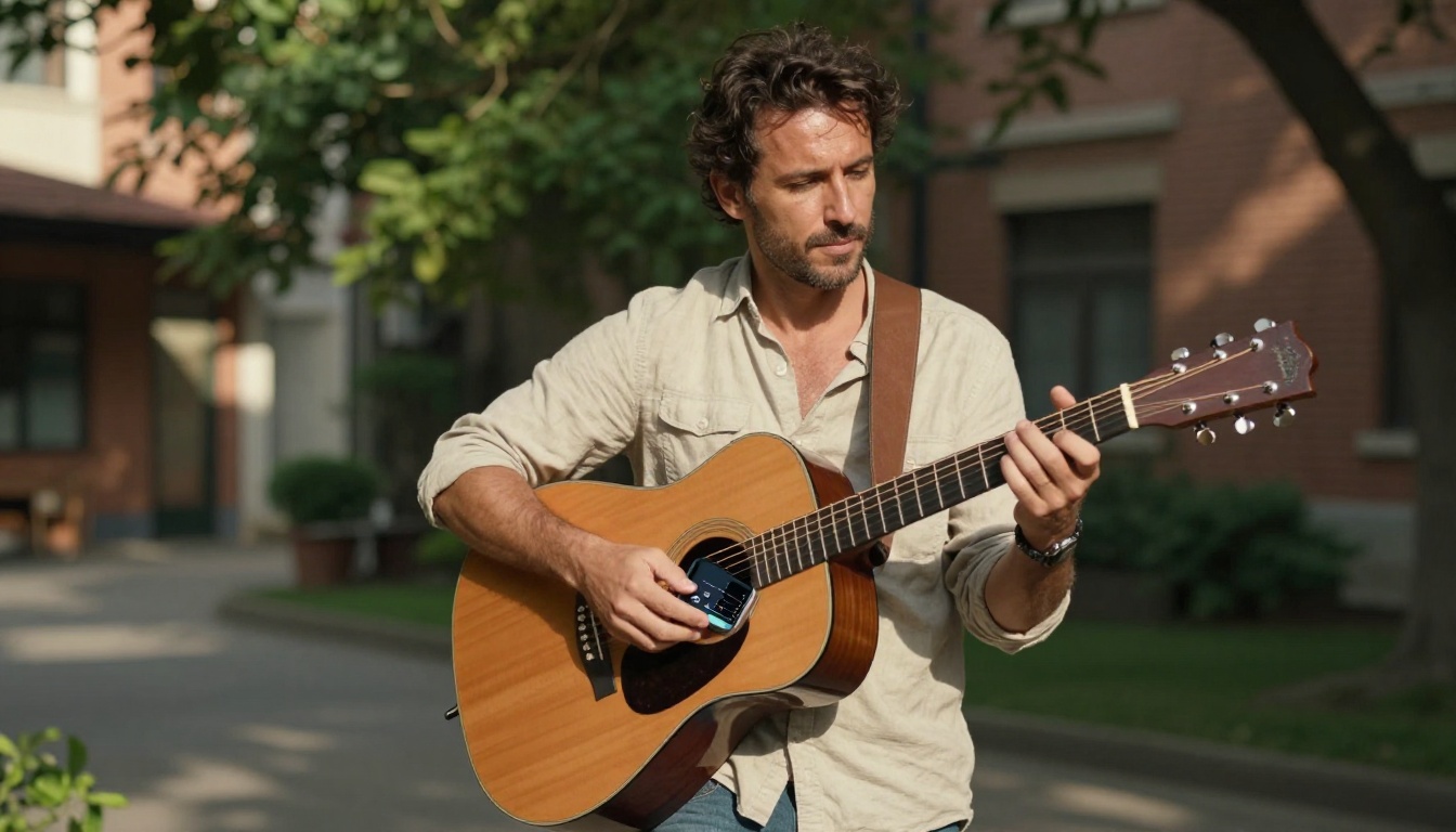Musician standing in a sunlit courtyard with guitar slung over shoulder holding a smartphone with music app