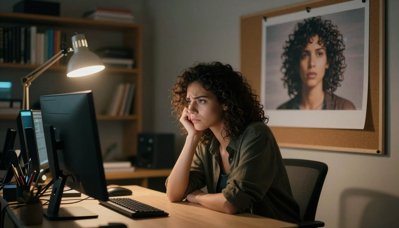A photo editor looking frustrated at a blurry portrait print pinned to a corkboard in a dimly lit studio