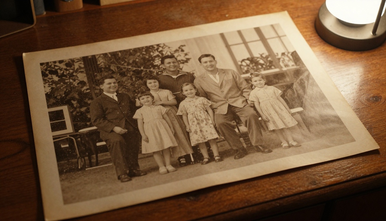 An aged vintage family photograph from the 1960s laid on a wooden antique desk showing faded sepia tones, water stains, and surface scratches