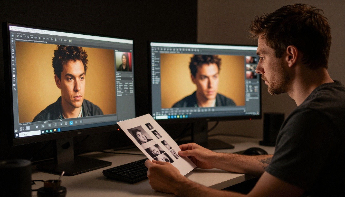 A photo retoucher at a dual-monitor workstation holding a printed strip and comparing it to the on-screen version
