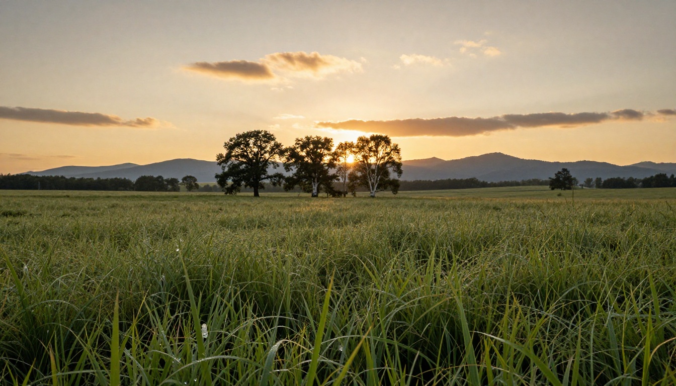 A vast rolling meadow at golden hour with razor-sharp grass blades in the foreground and detailed oak trees at mid-distance