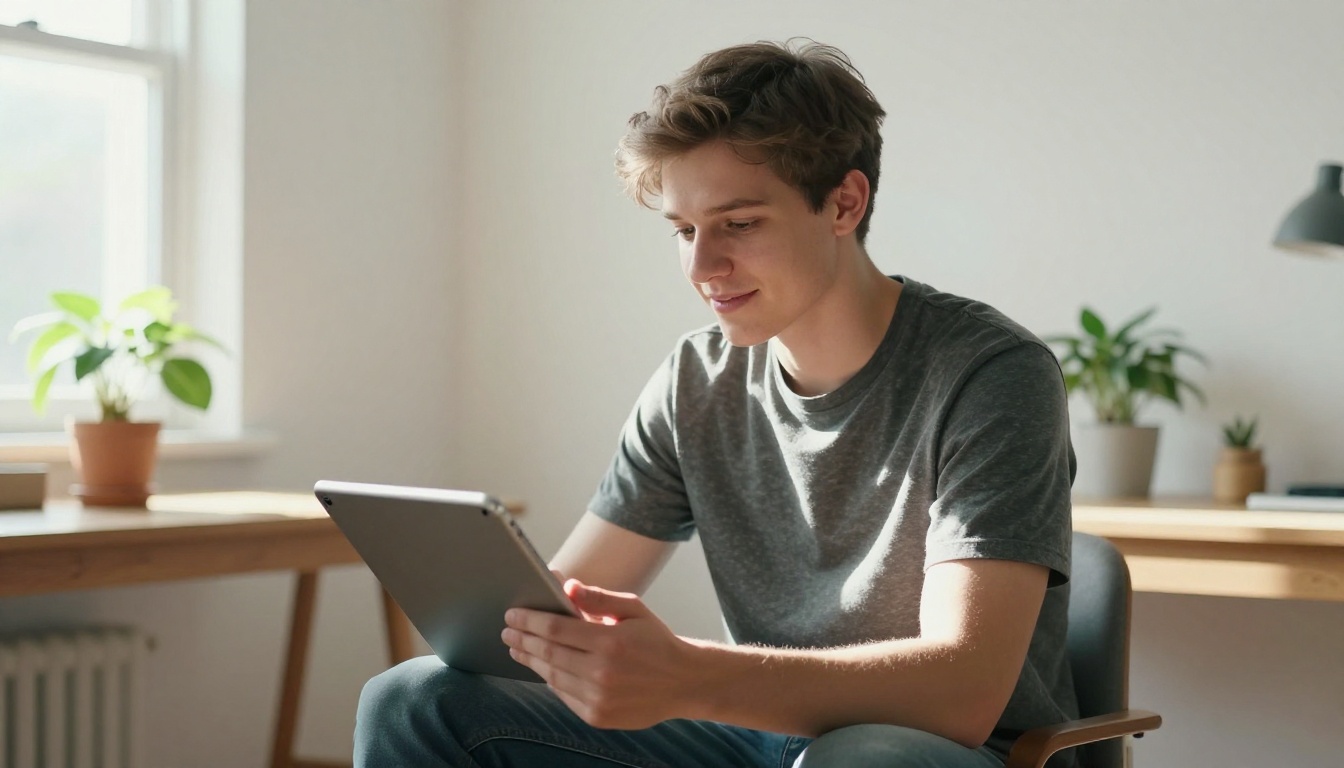 A young creative professional in a bright Scandinavian home office holding a tablet and looking satisfied at the upscaled result on screen