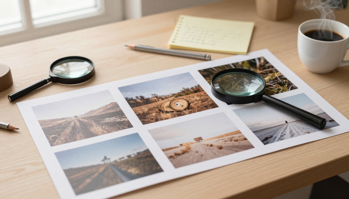 Flat lay of printed photographs and a magnifying glass on a wooden desk with handwritten notes and a coffee cup