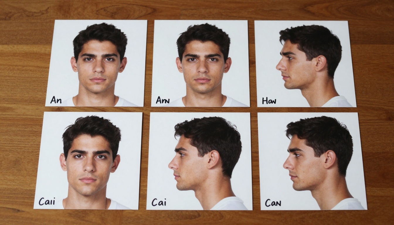 Character angle reference sheet: six portrait photographs of the same face at different angles laid flat on a desk