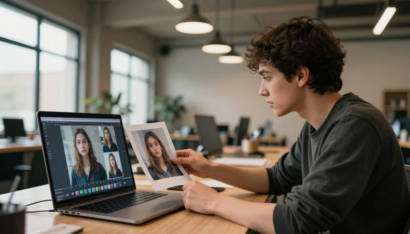 Creative director comparing a printed reference photo to AI-generated video frames on a laptop