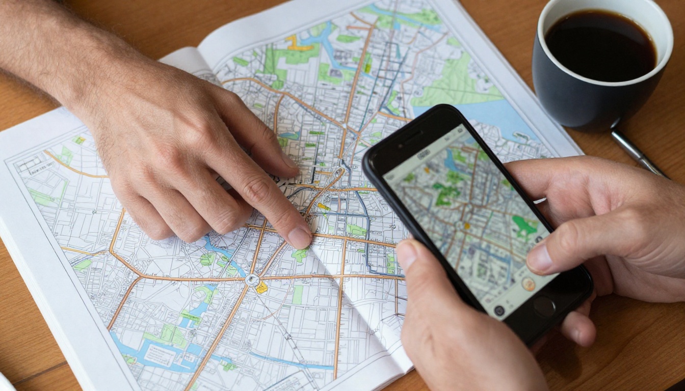 Two hands over an aerial view of a printed map with one hand holding a smartphone scanning it, natural daylight, coffee cup beside the map