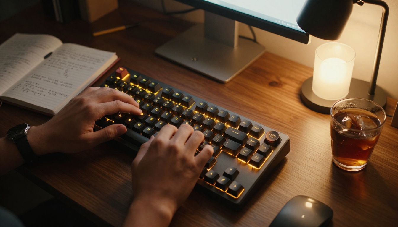 Hands typing a detailed character description on a keyboard, handwritten notes visible on the desk